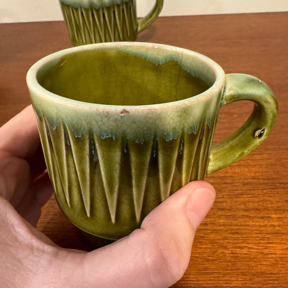 Set of four Vintage Green Drip Glaze Coffee Mugs stackable made in Japan 60s 70s - Picture 6 of 9
